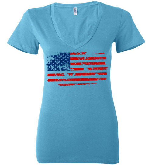 Distressed Flag. Adult. Ladies Deep Vneck