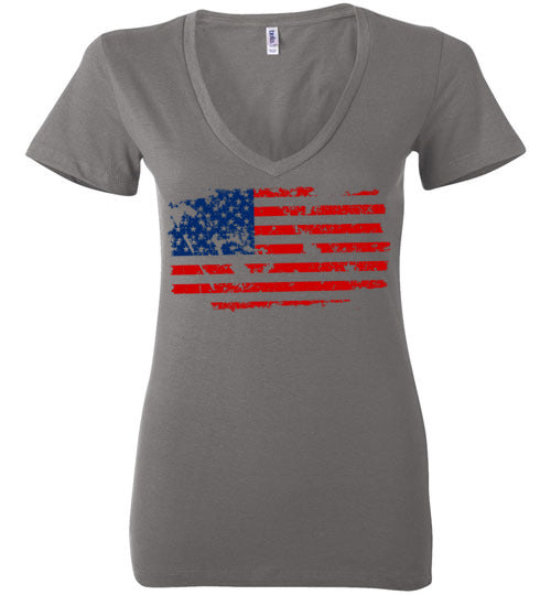 Distressed Flag. Adult. Ladies Deep Vneck