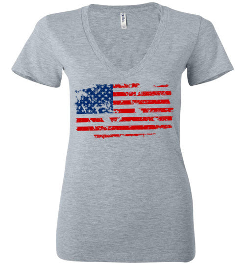 Distressed Flag. Adult. Ladies Deep Vneck