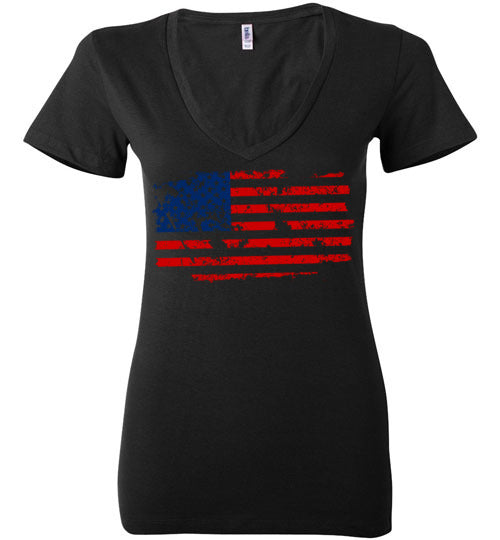 Distressed Flag. Adult. Ladies Deep Vneck