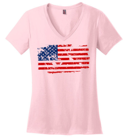 Distressed Flag. Adult. Ladies Perfect Vneck